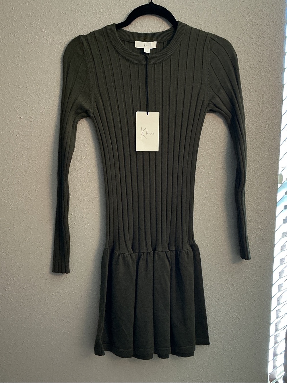 Kensie Olive Ribbed Long-Sleeve Knit Dress